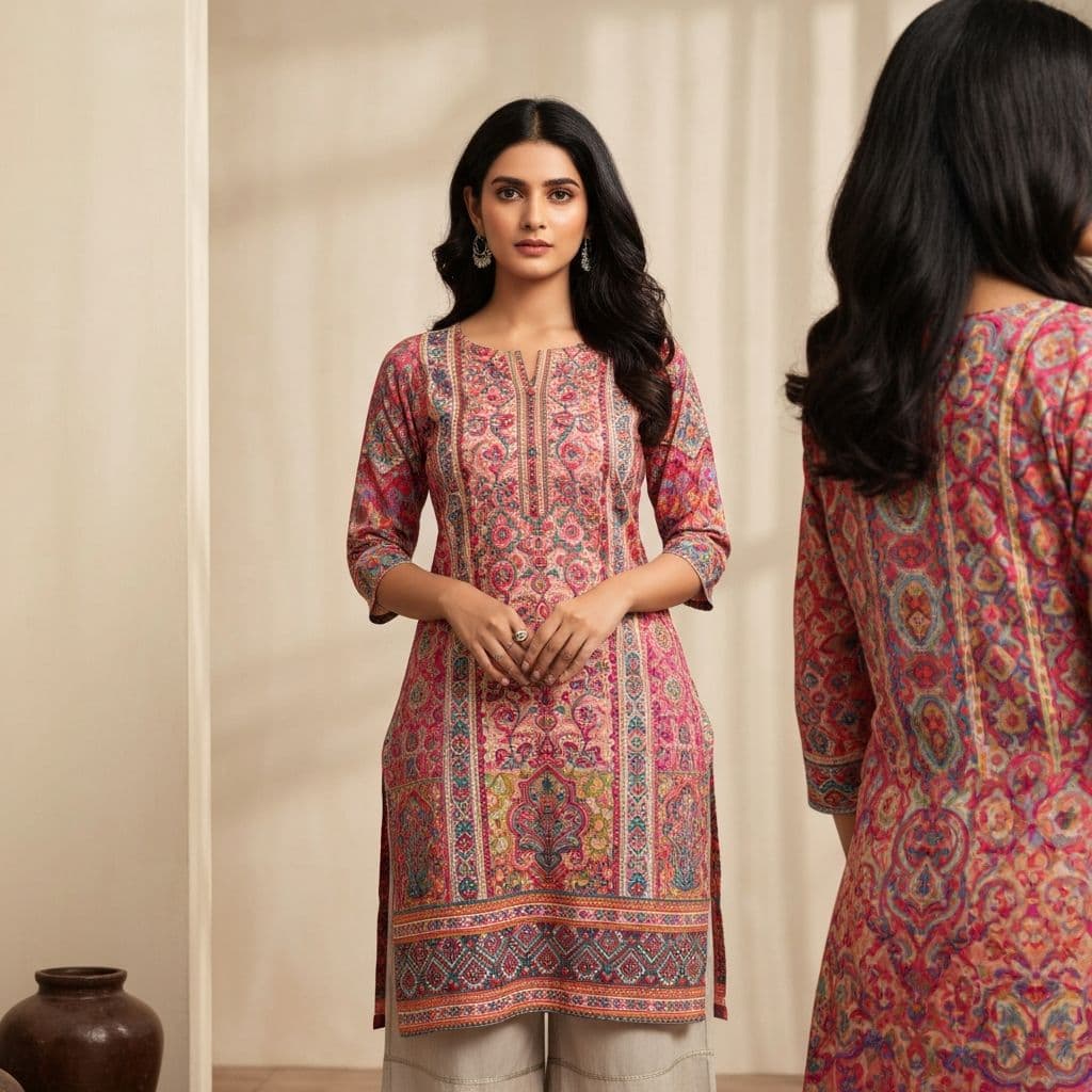 Contemporary Floral Printed Silk Kurti thumbnail 1