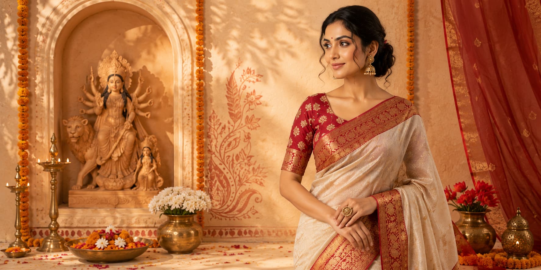 Ivory Gold Tissue Chanderi Festive Saree