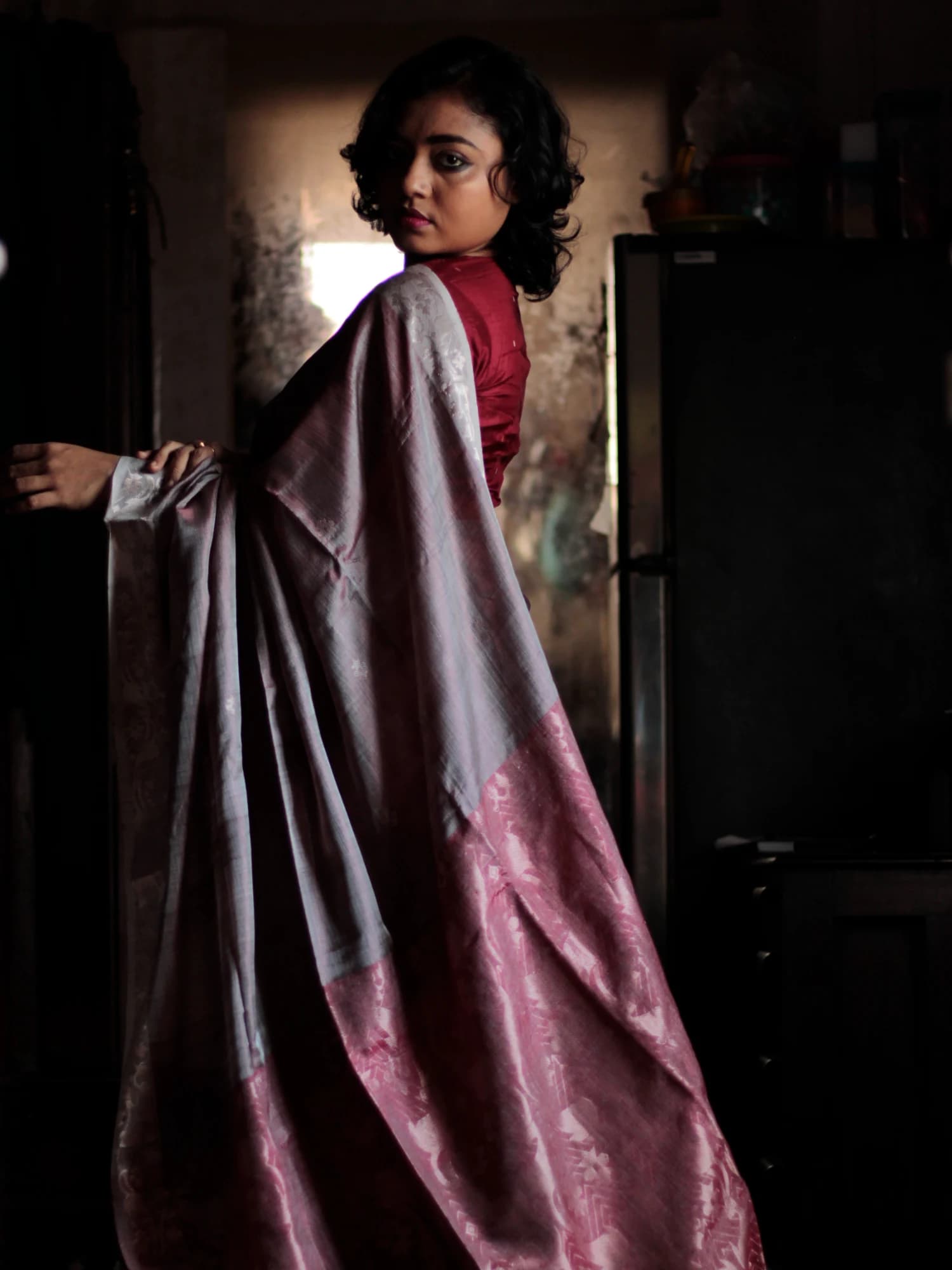Kaberi Tussar Silk Jamdani Misty Rose Saree