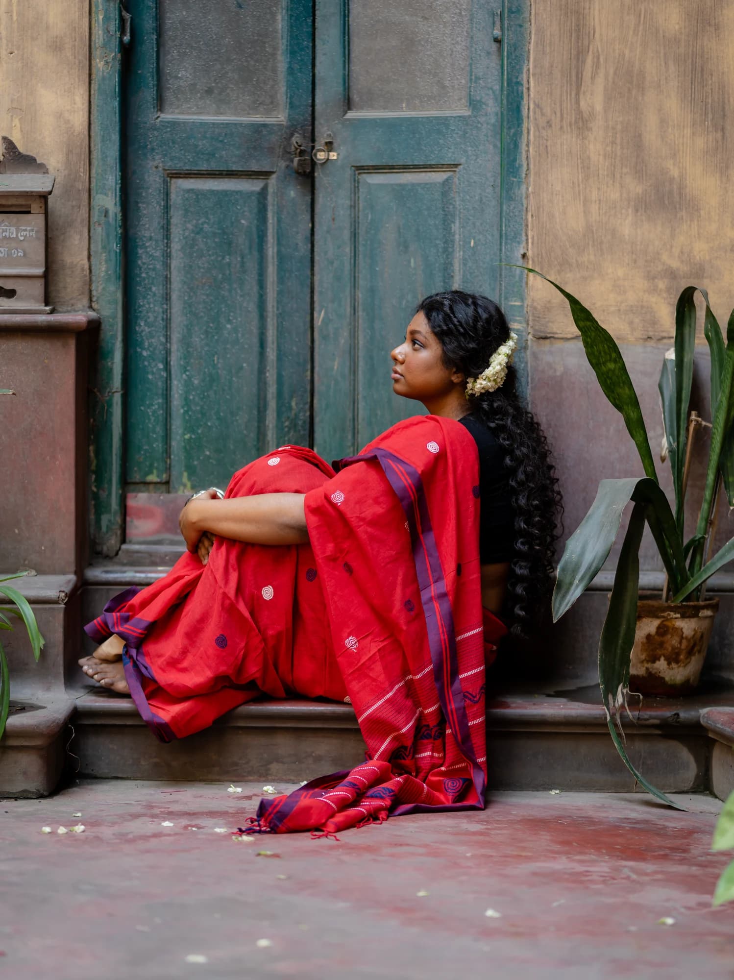 Classic Handloom Jamdani White & Red Saree