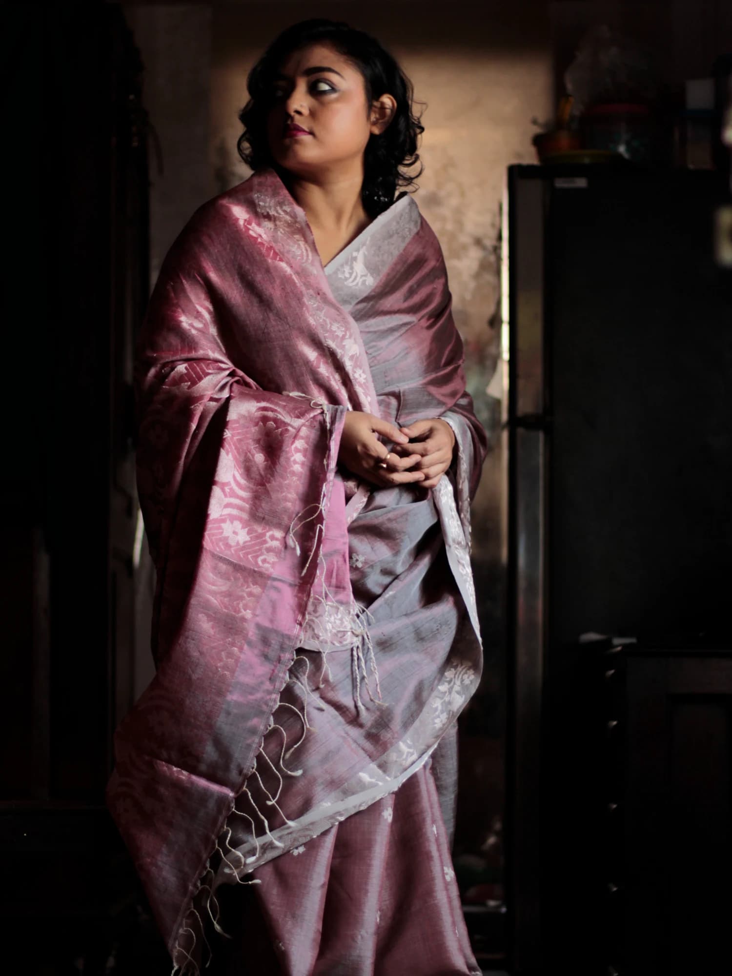 Kaberi Tussar Silk Jamdani Misty Rose Saree view 2