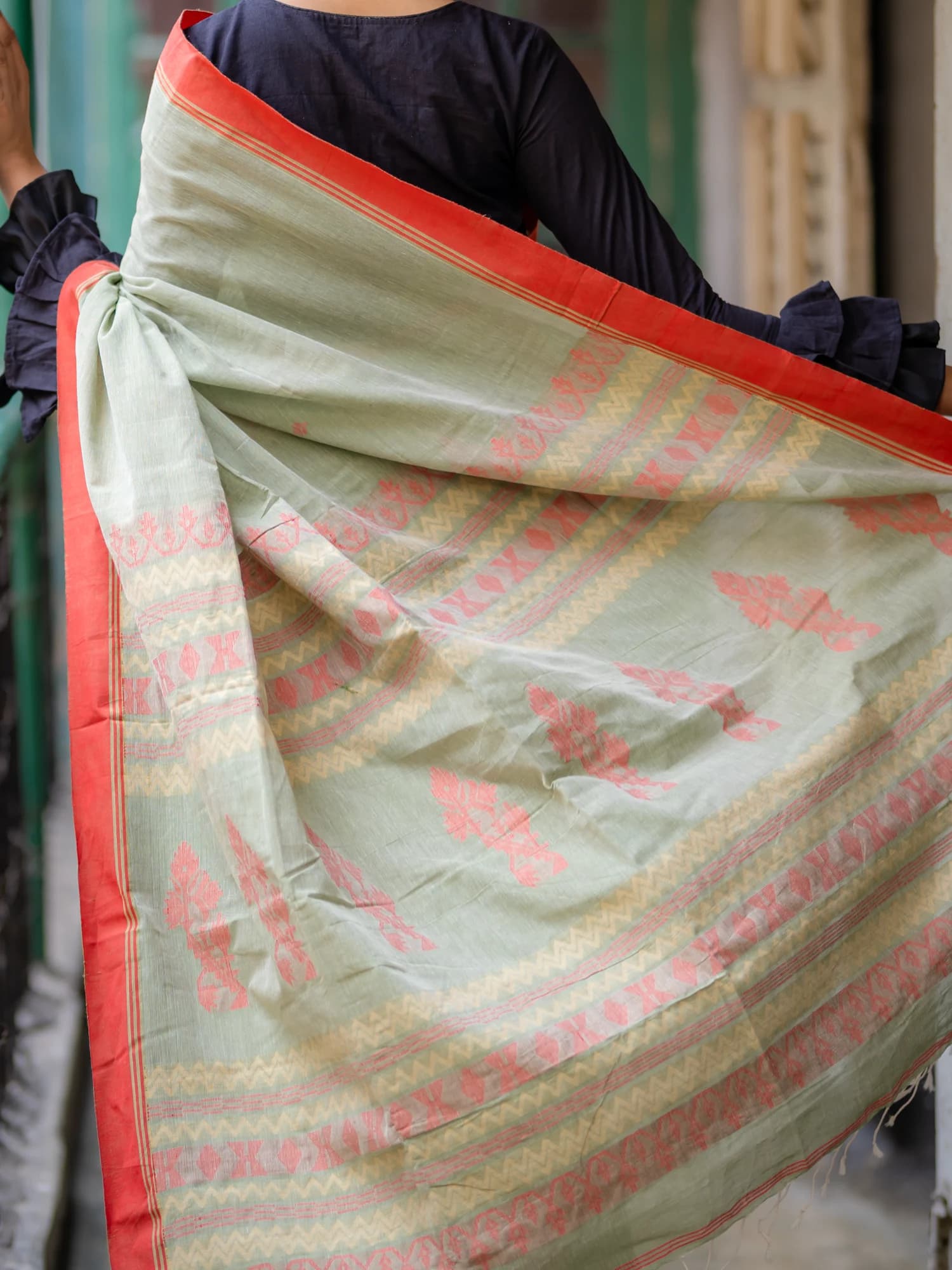 Sage Green Matha Tangail Saree view 3