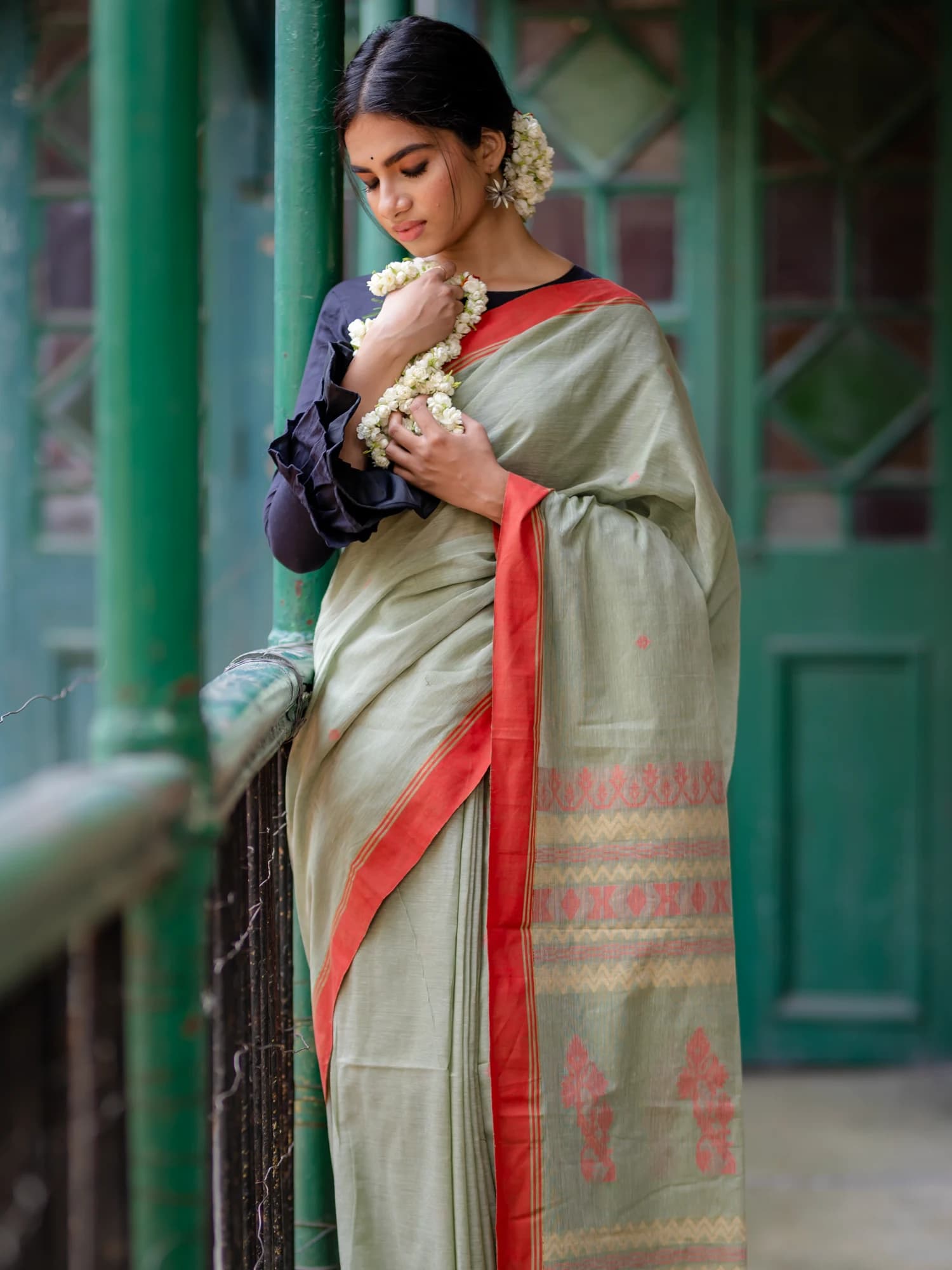 Sage Green Matha Tangail Saree view 2